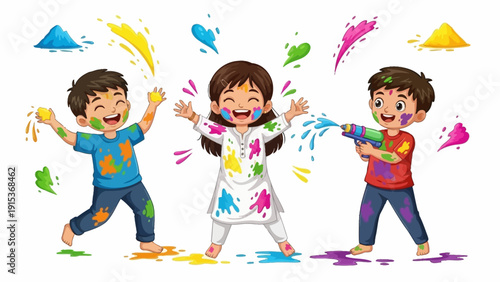 Three children happily playing with colorful powder in a vibrant celebration scene from a front viewpoint