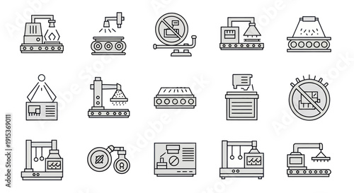 Industrial Automation Icons: Manufacturing, Robotics, Quality Control, Packaging
