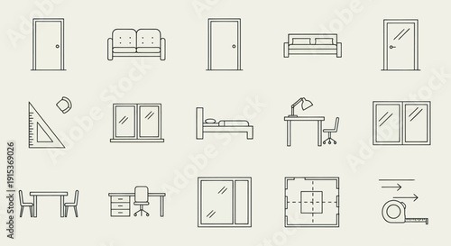Home Interior Design Icons: Doors, Windows, Furniture, and Tools Set