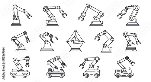 Industrial Robotic Arms Collection: Automation and Manufacturing Line Icons