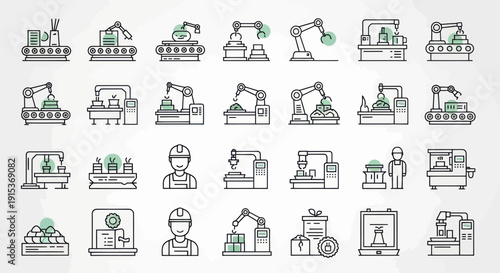Industrial Automation Icons: Robotic Arms, Assembly Lines, and Manufacturing Machines