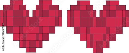 A pixel art heart illustration composed of red and burgundy colored squares arranged in a 8-bit style.
