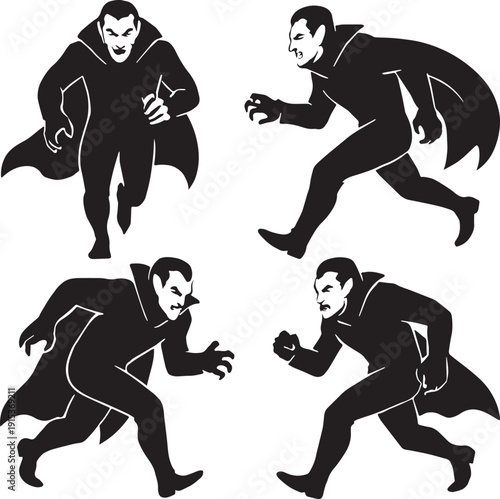 Silhouette of a vampires run in different posse in black and white silhouette with transparent background