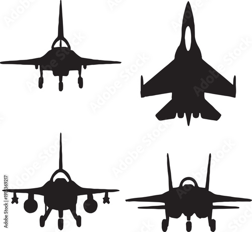 Silhouette of a war air jets fly in black and white silhouette with transparent background