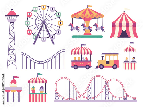 Carnival park attraction ride vector set with roller coaster, train and horse carousel, amusement fair tent, bumper cars and swings, colorful cartoon festival illustration for children