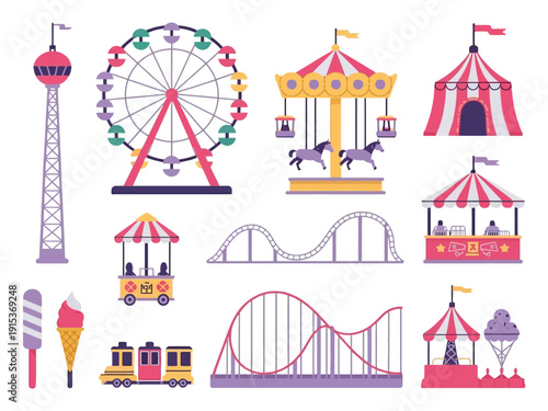 Carnival park attraction ride vector set with roller coaster, train and horse carousel, amusement fair tent, bumper cars and swings, colorful cartoon festival illustration for children
