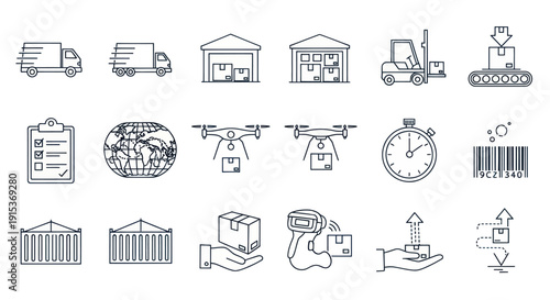 Logistics and Delivery Icons: Shipping, Warehouse, Drone, Truck, Forklift, Barcode