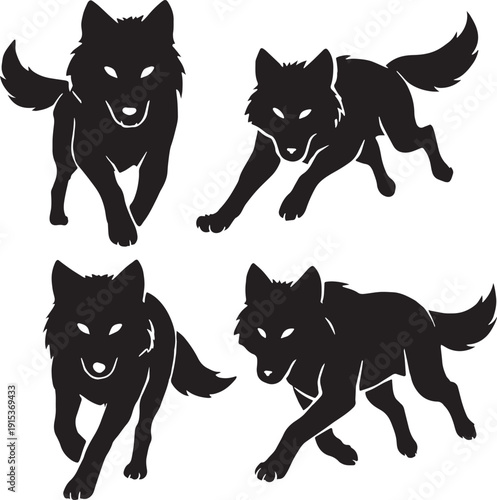 Silhouette of a Wolves run in different poses , front of view , clear angels, clear body and cuts in black and white silhouette with transparent background