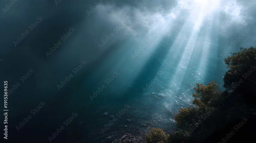 Naklejka premium Atmospheric sunbeams break through dark clouds illuminating the rippling surface of a moody sea with foliage on the shore