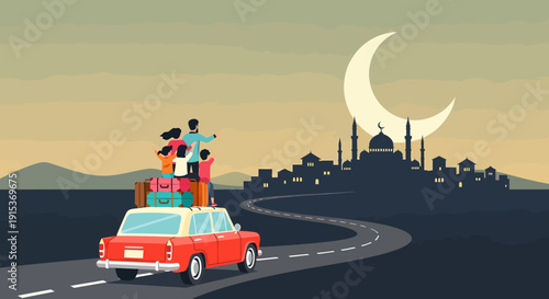 Family Road Trip Adventure with Luggage on Car Roof.