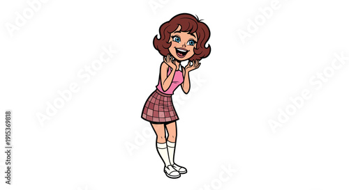 Cartoon woman with excited expression in retro style and vintage fashion look