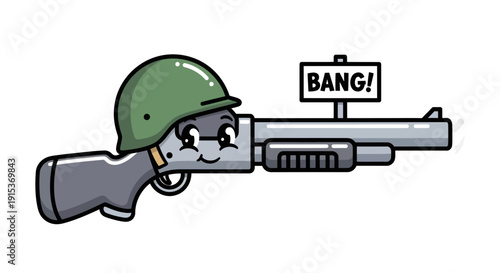 Cartoonish anthropomorphic rifle with helmet and signage saying 'bang' conveys playful aggression
