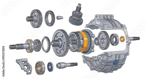 Disassembled Mechanical Gearbox Parts.