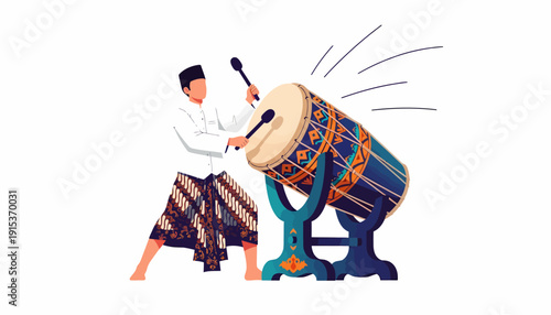 Man playing large traditional drum with sticks.