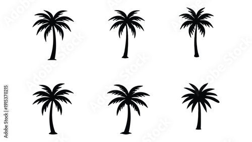 Six silhouetted palm trees arranged in two horizontal rows of three each
