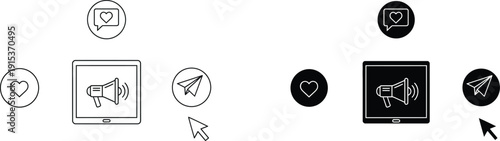A collection of social media icons and notification symbols on a white background