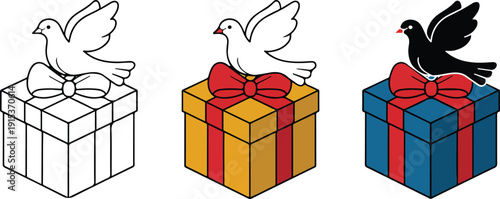 Gift Box and Dove Outline-to-Color Icon Set Peaceful Celebration Concept