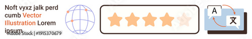 Language translation, global communication, online reviews, digital connectivity, feedback, rating system. Globe with text, star rating translation icon. Language translation and global