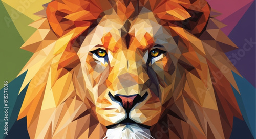 Majestic Lion Portrait Geometric Style Colorful Background.