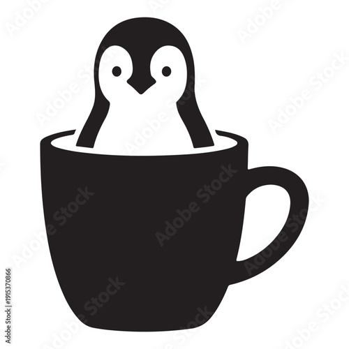Cute cartoon penguin holding a cup of coffee and tea in a winter Antarctic setting vector illustration