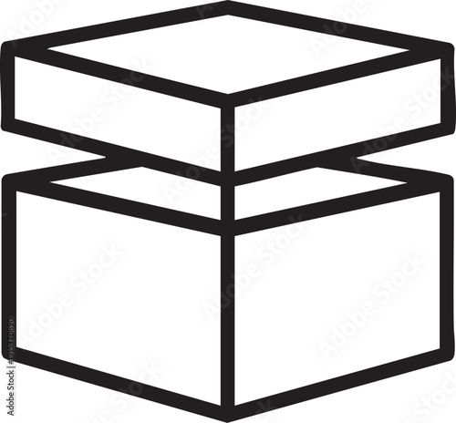 Minimalist line art icon of an open gift box with a separate lid, representing unboxing, surprise, or an empty space.