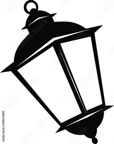 A single, stylized lantern shape, slightly angled, with clean geometric lines defining its form. Focus on the silhouette – a simple, dark outline against a pure white background.
