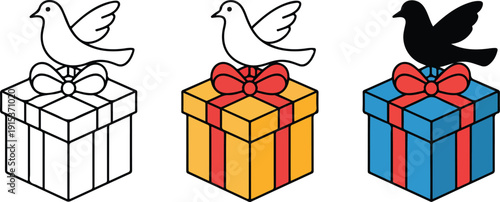 Gift Box and Dove Outline-to-Color Icon Set Peaceful Celebration Concept