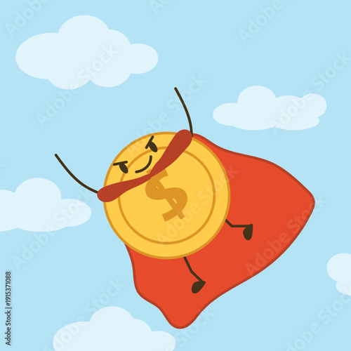 Superhero dollar coin flying in sky. Gold money character with red cape. Financial success and strong currency concept.