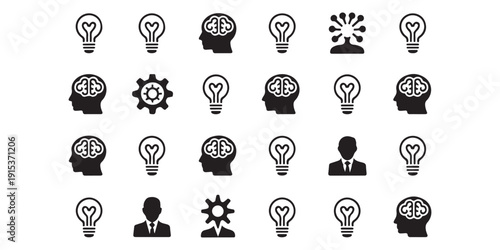 Set of black and white vector icons representing creative ideas, innovation, and brain activity