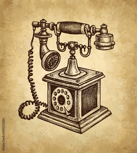 Illustration of an antique corded rotary dial telephone on a decorative base. Engraving style. Retro vintage design on an aged paper background.