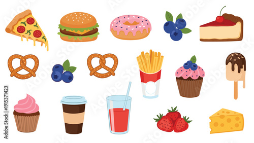 Comprehensive collection of various food items including pizza, burger, donut, berries, cupcakes, and snacks on white background.