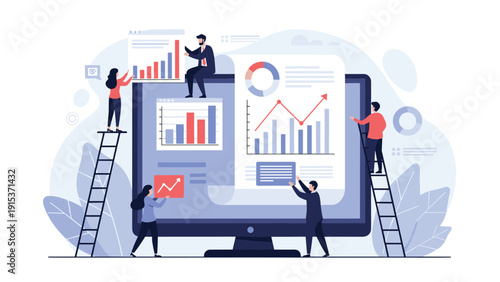 Collaborative team of tiny professionals working on a large computer monitor analyzing various business growth charts and graphs.