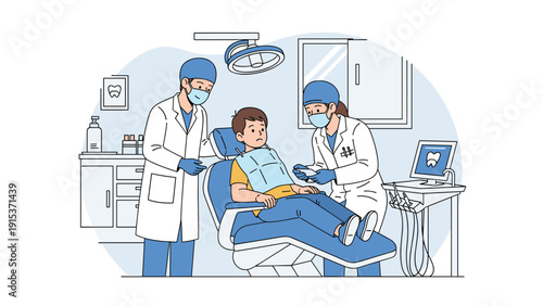 Young boy sitting in a dental chair during an oral examination by a professional dentist and assistant in a modern clinic.
