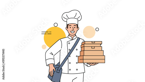 Happy professional chef in uniform carrying a stack of pizza boxes and a thermal delivery bag ready for customer service.