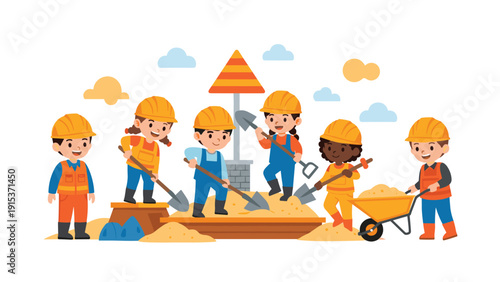 Group of children wearing yellow hard hats and safety vests playing with shovels and sand in a simulated construction site.