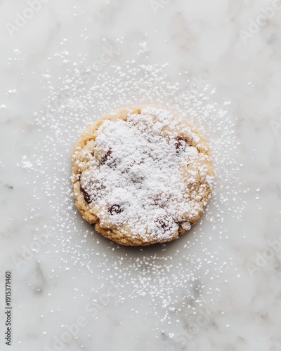 Single chocolate chip cookie dusted with powdered sugar