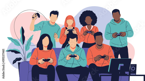 Group of diverse friends sitting together on a sofa and playing video games with wireless controllers during a social gathering.