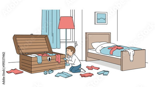 Curious young boy kneels by an open wooden trunk filled with various colorful clothes while thinking about what to wear in his neat bedroom.