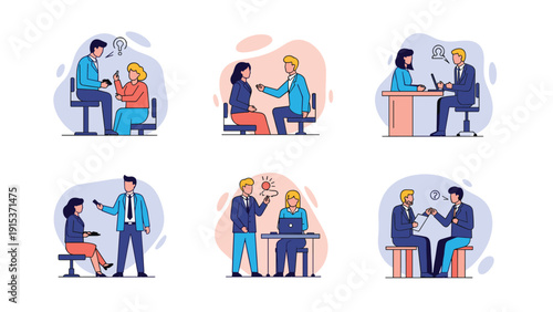 Set of professional business interaction icons depicting couples engaged in interviews, meetings, and collaborative discussions in an office.