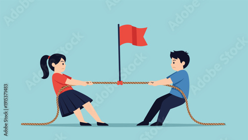 Determined young girl and boy compete in a classic game of tug of war with a red flag marking the center point on a light blue background.