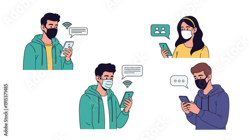 Diverse group of people wearing protective face masks interacting with their smartphones and social media apps during the global pandemic era.