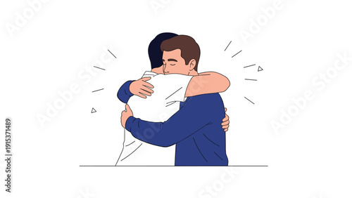 Two male friends share a warm and supportive hug showing deep emotional connection and brotherhood against a clean white background.