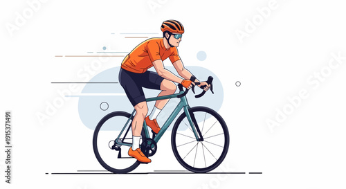 Man Cycling Fast on Road Bicycle Wearing Helmet and Orange Shirt.
