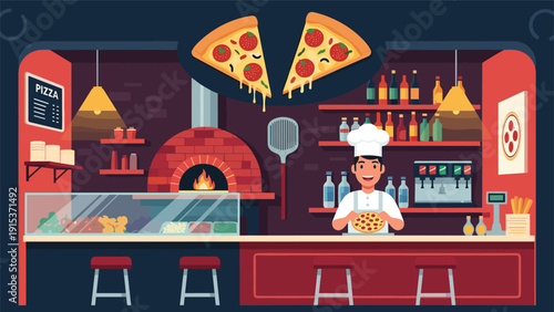 Cheerful chef stands behind a counter in a traditional Italian pizzeria featuring a classic wood-fired brick oven and fresh ingredients on display.