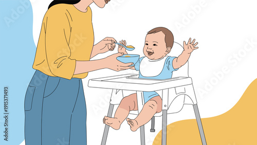 Loving mother in a yellow shirt feeds her happy baby boy sitting in a white high chair with a blue spoon during a daytime meal at home.