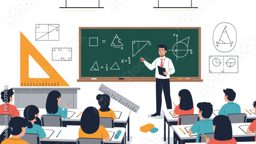 Experienced male teacher stands by a large chalkboard covered in geometry equations and shapes while lecturing a diverse class of attentive students.