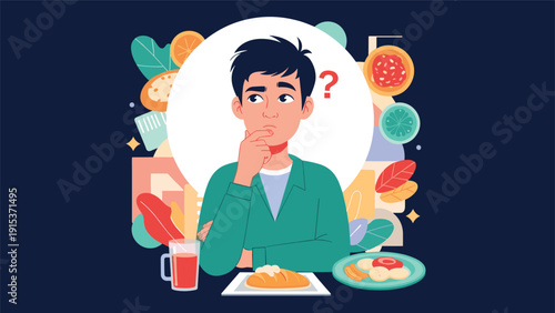 Thoughtful young man sits at a dining table filled with food while contemplating his meal choice with various food items floating in his mind.