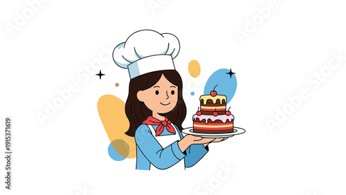 Happy female pastry chef wearing a white toque and apron proudly presents a delicious two tiered layered chocolate and cream cake.