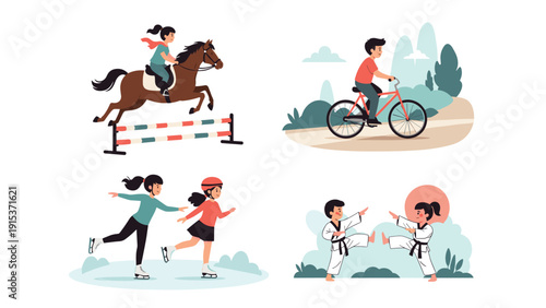 Collection of four illustrations showing children engaged in various healthy activities like horseback riding, cycling, skating, and karate outdoors.