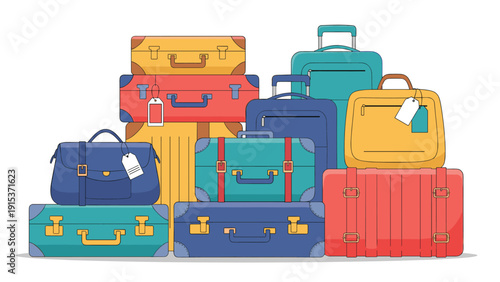 Large colorful stack of vintage and modern suitcases and travel bags of various sizes and shapes ready for a long distance journey or vacation.